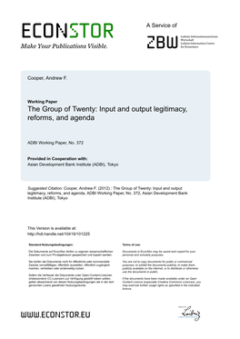 The Group of Twenty: Input and Output Legitimacy, Reforms, and Agenda