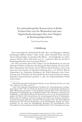 Ein Württembergischer Konservativer in Berlin. Freiherr Otto Von Ow-Wachendorf Und Seine ­Tagebuchaufzeichnungen Über Seine Tätigkeit Als Reichstagsabgeordneter