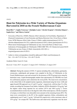 Hunt for Palytoxins in a Wide Variety of Marine Organisms Harvested in 2010 on the French Mediterranean Coast