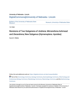 Revisions of Two Subgenera of Andrena: Micrandrena Ashmead and Derandrena, New Subgenus (Hymenoptera: Apoidea)