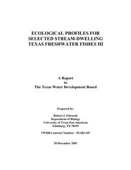 Ecological Profiles for Selected Stream-Dwelling Texas Freshwater Fishes Iii