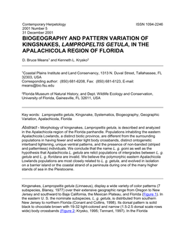 Biogeography and Pattern Variation of Kingsnakes, Lampropeltis Getula, in the Apalachicola Region of Florida