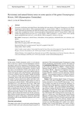 Revisionary and Natural History Notes on Some Species of the Genus Gnamptogenys ROGER , 1863 (Hymenoptera: Formicidae)