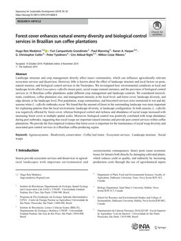 Forest Cover Enhances Natural Enemy Diversity and Biological Control Services in Brazilian Sun Coffee Plantations