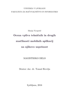 Ocena Vpliva Tehničnih in Drugih Značilnosti Mobilnih Aplikacij Na