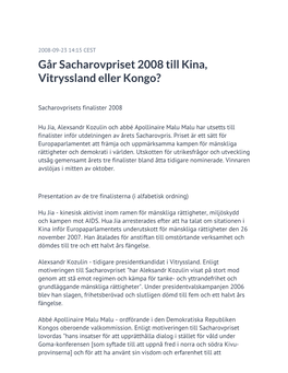 Går Sacharovpriset 2008 Till Kina, Vitryssland Eller Kongo?