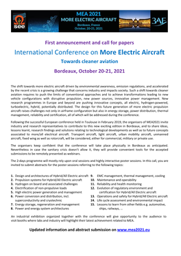 First Announcement and Call for Papers International Conference on More Electric Aircraft Towards Cleaner Aviation Bordeaux, October 20-21, 2021