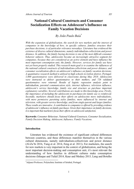 National Cultural Constructs and Consumer Socialization Effects on Adolescent’S Influence on Family Vacation Decisions