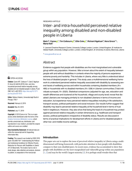 And Intra-Household Perceived Relative Inequality Among Disabled and Non-Disabled People in Liberia