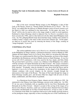 Imaging Our Lady in Sixteenth-Century Manila: Nuestra Señora Del Rosario De La Naval1 Regalado Trota Jose Introduction One Of