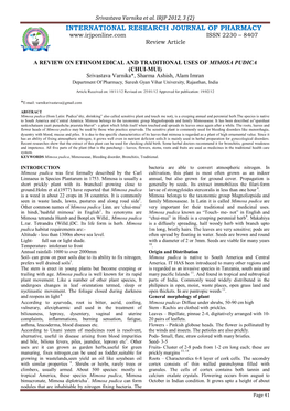 MIMOSA PUDICA (CHUI-MUI) Srivastava Varnika*, Sharma Ashish, Alam Imran Department of Pharmacy, Suresh Gyan Vihar University, Rajasthan, India