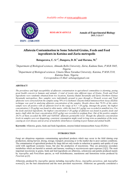 Aflatoxin Contamination in Some Selected Grains, Feeds and Feed Ingredients in Katsina and Zaria Metropolis