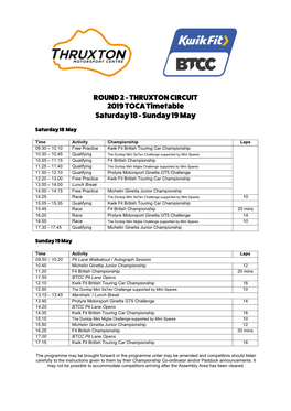 THRUXTON CIRCUIT 2019 TOCA Timetable Saturday 18 - Sunday 19 May