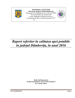 Raport Referitor La Calitatea Apei Potabile În Județul Dâmbovița, În Anul 2016