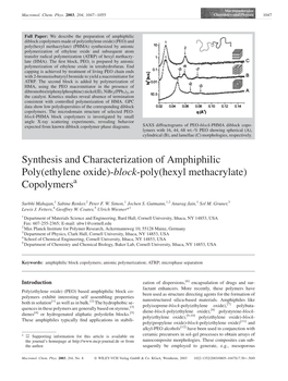 Synthesis and Characterization of Amphiphilic Poly(Ethylene Oxide)-Block-Poly(Hexyl Methacrylate) Copolymersa