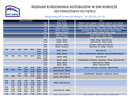 Rozkład Kursowania Autobusów W Dni Robocze (Od Poniedziałku Do Piątku)