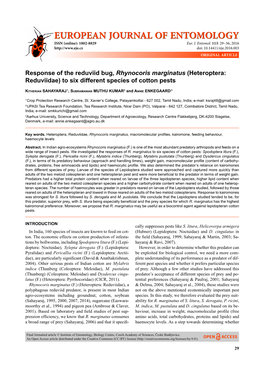 (Heteroptera: Reduviidae) to Six Different Species of Cotton Pests