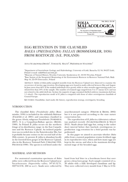 Egg Retention in the Clausiliid Balea (Pseudalinda) Fallax (Rossmässler, 1836) from Roztocze (S.E