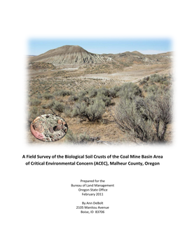 Field Survey of the Biological Soil Crusts of the Coal Mine Basin Area of Critical Environmental Concern (ACEC), Malheur County, Oregon