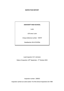 INSPECTION REPORT ASHCROFT HIGH SCHOOL Luton LEA Area