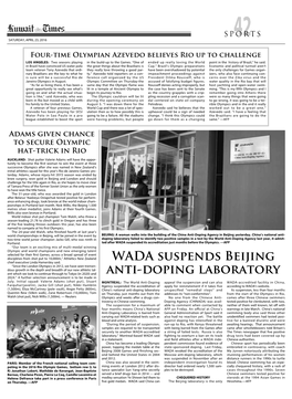 WADA Suspends Beijing Anti-Doping Laboratory