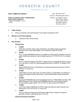 FINAL COMMITTEE AGENDA 1. Public Hearing A. Receive Comments on the Draft Hennepin County 2040 Comprehensive Plan 2. Minutes