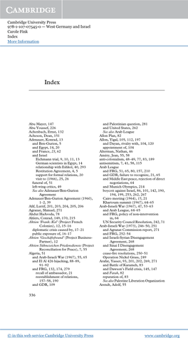 Cambridge University Press 978-1-107-07545-0 — West Germany and Israel Carole Fink Index More Information