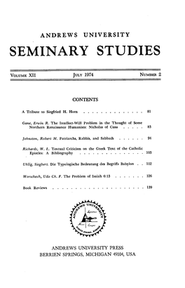 Andrews University Seminary Studies for 1974