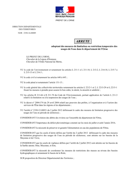 ARRETE Adoptant Des Mesures De Limitation Ou Restriction Temporaire Des Usages De L'eau Dans Le Département De L’Orne