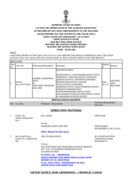 AFTER NOTICE (FOR ADMISSION) - CRIMINAL CASES] DAILY CAUSE LIST for DATED : 19-11-2019 CHIEF JUSTICE's COURT 4 SLP(Crl) No