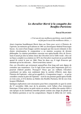 Le Chevalier Hervé À La Conquête Des Bouffes-Parisiens » Octobre 2015