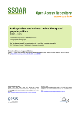 Anticapitalism and Culture: Radical Theory and Popular Politics Gilbert , Jeremy