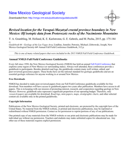 Revised Location for the Yavapai-Mazatzal Crustal Province Boundary in New Mexico: Hf Isotopic Data from Proterozoic Rocks of the Nacimiento Mountains T