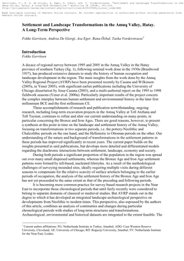 Settlement and Landscape Transformations in the Amuq Valley, Hatay. a Long-Term Perspective Introduction