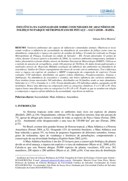 Influência Da Sazonalidade Sobre Comunidades De Aracnídeos De Folhiço No Parque Metropolitano De Pituaçu – Salvador – Bahia