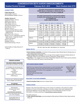 Terumah February 20-21, 2015 Rosh Chodesh Adar 5775