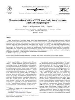 Characterization of Chicken TNFR Superfamily Decoy Receptors, Dcr3 and Osteoprotegerinq