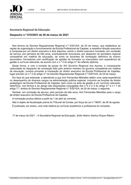 Secretaria Regional Da Educação Despacho N.º 610/2021 De 26 De Março De 2021