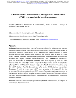 Identification of Pathogenic Nssnps in Human STAT3 Gene Associated with Job's Syndrome