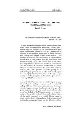 THE NINTENDO Wii, VIRTUALISATION and GESTURAL ANALOGICS Patrick Crogan