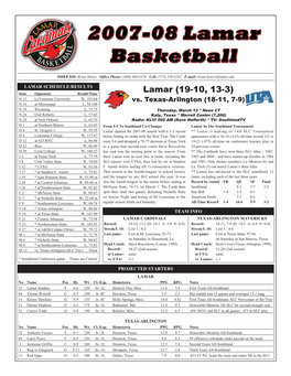 Lamar (19-10, 13-3) N 13 Letourneau University W, 103-64 Vs