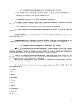 1 LEY NUMERO 59, ORGANICA DE DIVISION TERRITORIAL DEL ESTADO. ULTIMA REFORMA PUBLICADA EN EL PERIODICO OFICIAL No. 52, EL 30 DE