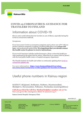 Information About COVID-19 for Travellers in Kainuu