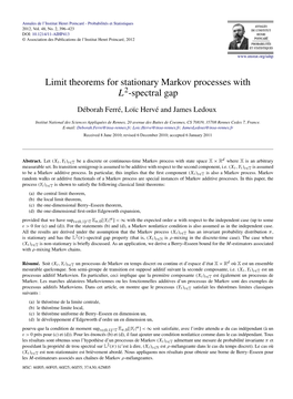 Limit Theorems for Stationary Markov Processes with L2-Spectral Gap