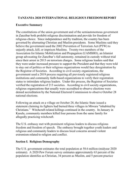 Tanzania 2020 International Religious Freedom Report