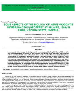 Some Aspects of the Biology of Hemisynodontis Membranaceus (Geoffrey St- Hilaire, 1809) in Zaria, Kaduna State, Nigeria