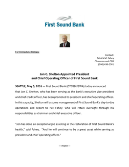 Jon C. Shelton Appointed President and Chief Operating Officer of First Sound Bank