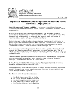 Legislative Assembly Appoints Special Committee to Review the Official Languages Act