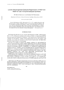 Lactate Dehydrogenase-Catalyzed Regeneration of NAD from NADH