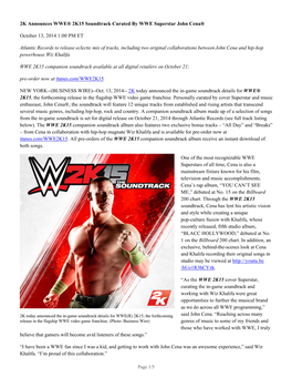 2K Announces WWE® 2K15 Soundtrack Curated by WWE Superstar John Cena®